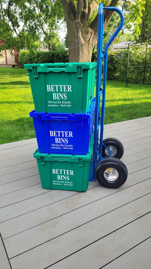 Stacked bins ready for moving